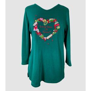 Quacker Factory 3/4 Sleeve V-Neck Embellished Embroidered Christmas Baking Tee M